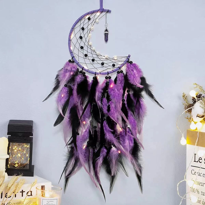 Olivenorma Amethyst Obsidian Moon Feather Dream Catcher - Amethyst&Pearl&Obsidian with Light - image 0