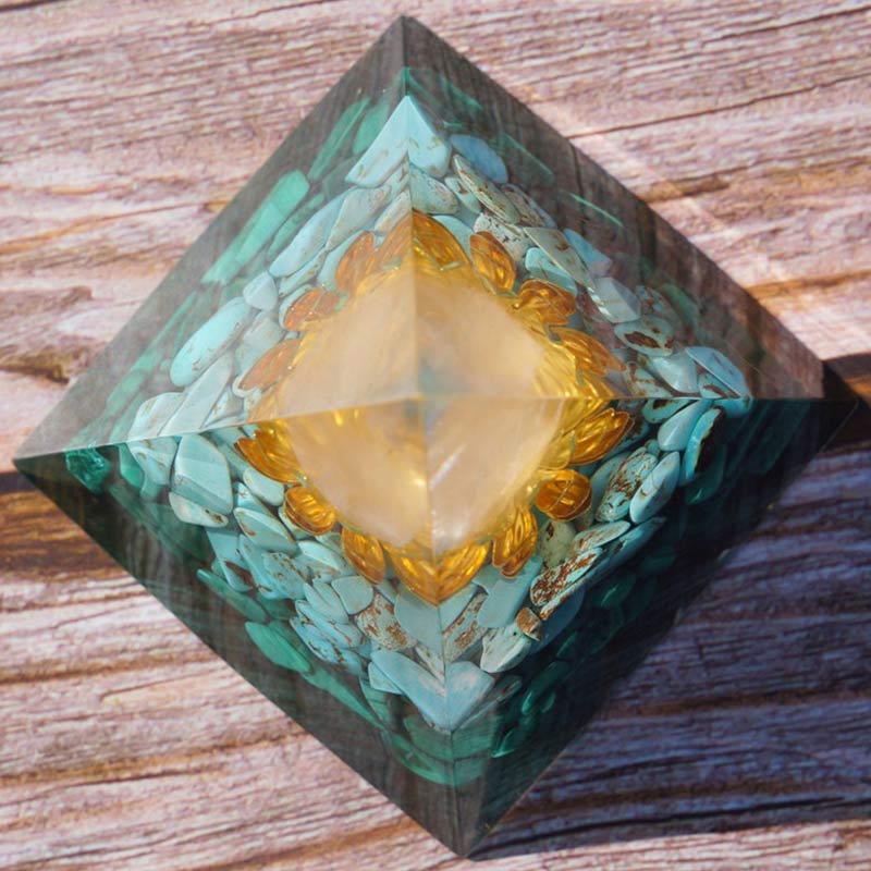 Clear Crystal Turquoise Malachite Lotus Symbol Orgone Pyramid - image 6