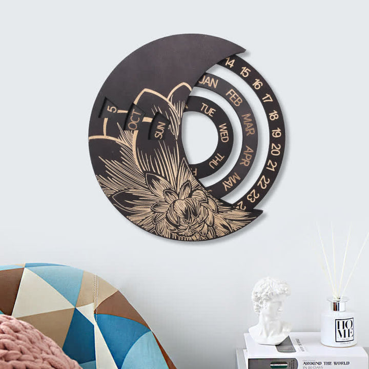 Olivenorma Circle Wooden Crescent Moon Perpetual Calendar Wall Decor - Grey - image 5