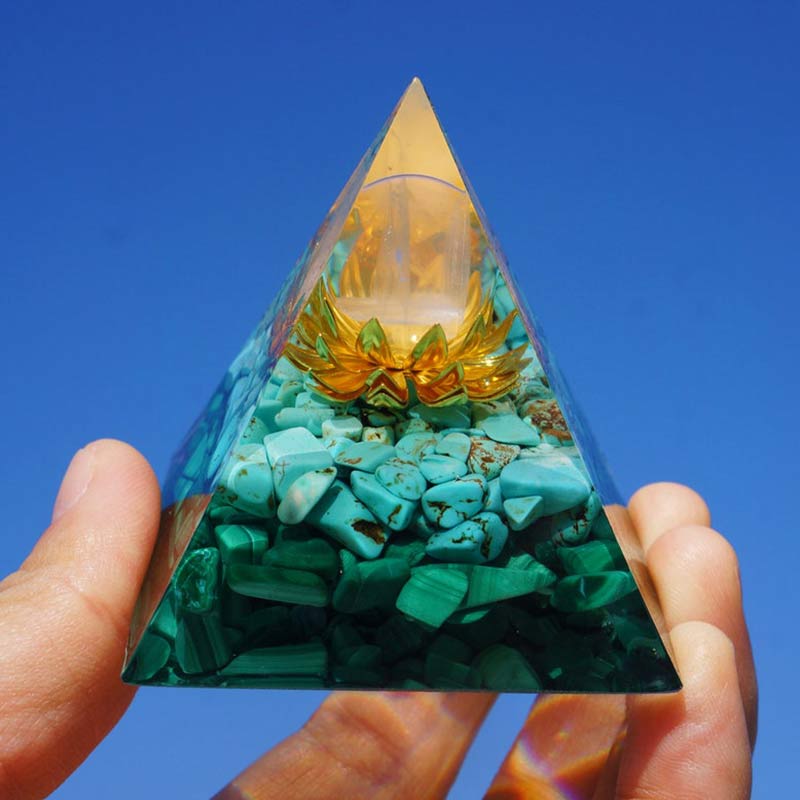 Clear Crystal Turquoise Malachite Lotus Symbol Orgone Pyramid - image 2