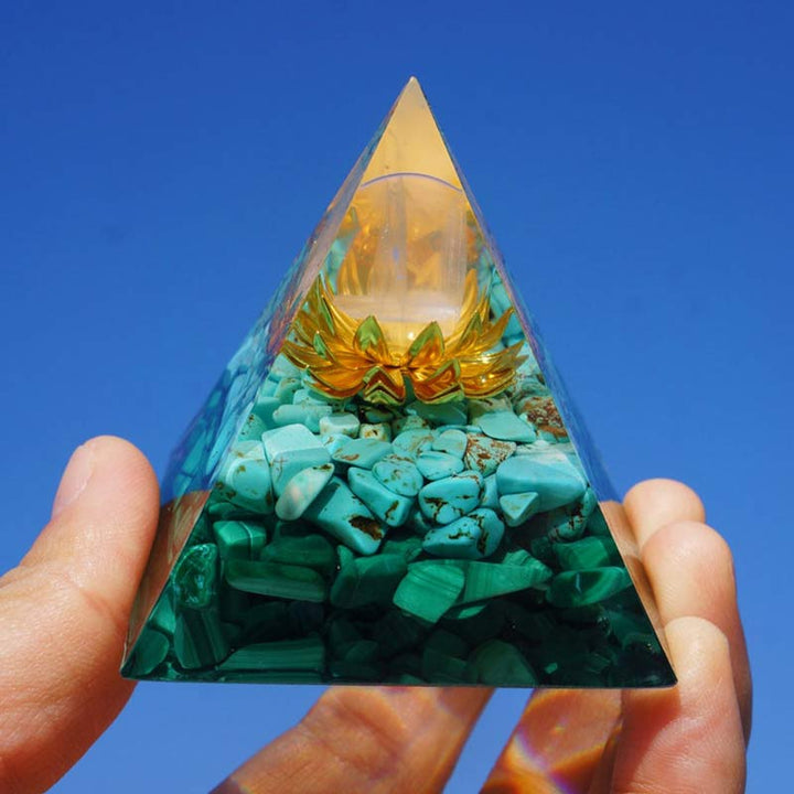 Clear Crystal Turquoise Malachite Lotus Symbol Orgone Pyramid - image 2