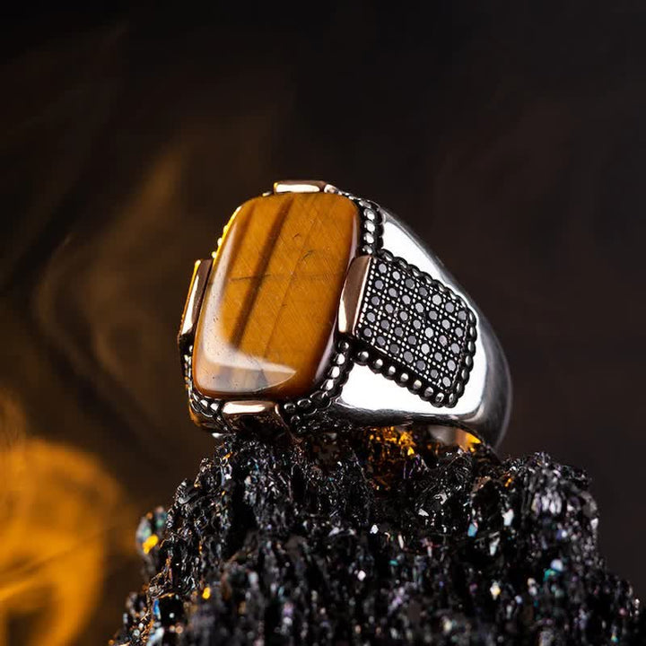 Olivenorma Square Tiger Eye Men's Broad Brim Ring - image 2