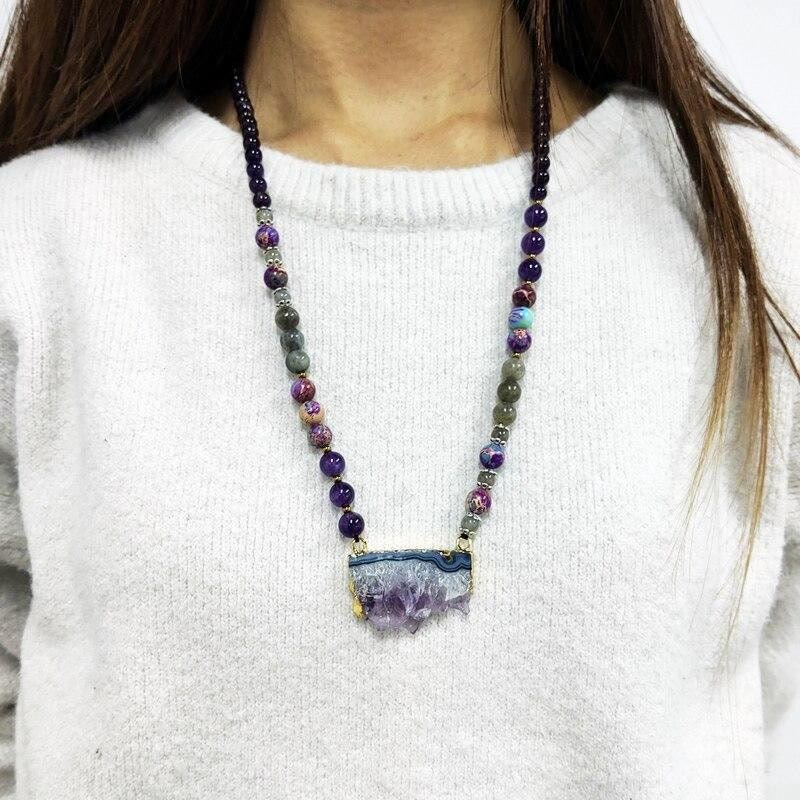 Olivenorma Rainbow Fluorite Amethyst Emperor Labradorite Mala Beaded Necklace - image 1