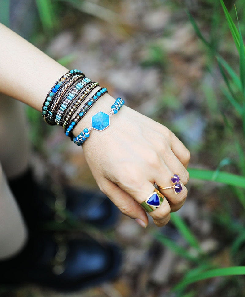 Olivenorma Hexagon Aquamarine Rhodochrosite Wrap Bracelet - image 1