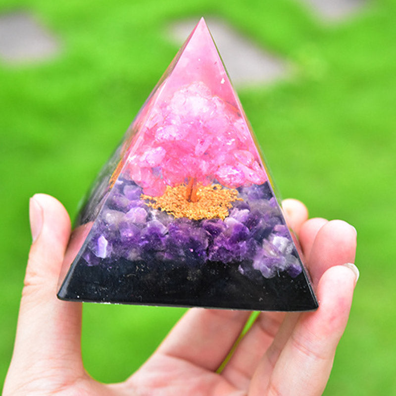 Olivenorma Tree of Life Amethyst Obsidian with Pink Crystal Orgone Pyramid - image 3