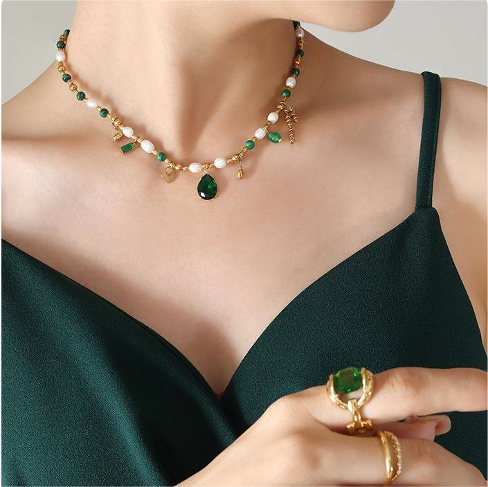 Olivenorma Emerald Pearl Beaded Non Fading Gold Necklace - image 2