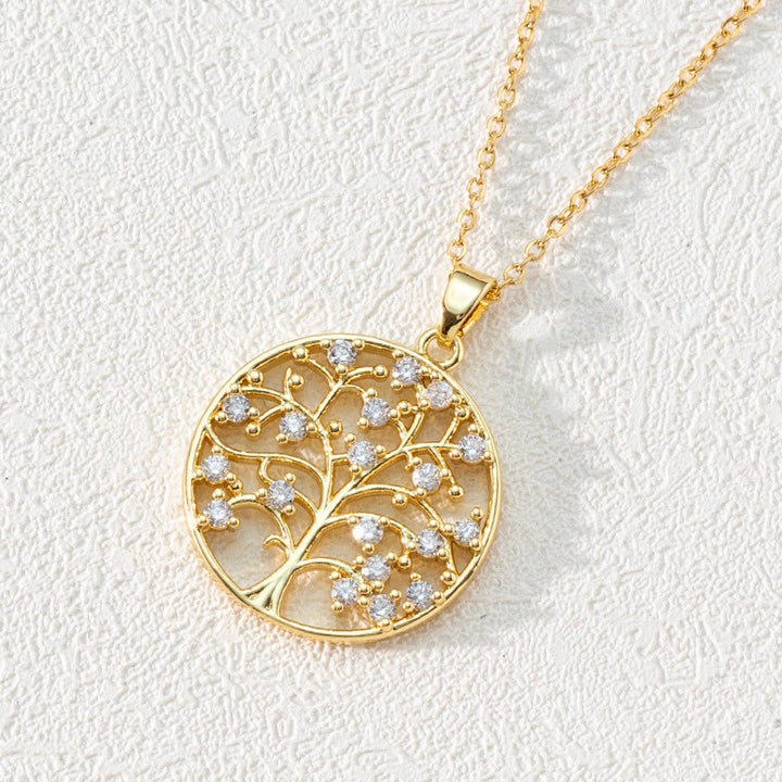 Olivenorma Zircon Round Hollow Tree of Life Pendant Clavicle Necklace - Round White Zirconia & Tree of Life #2 - image 4