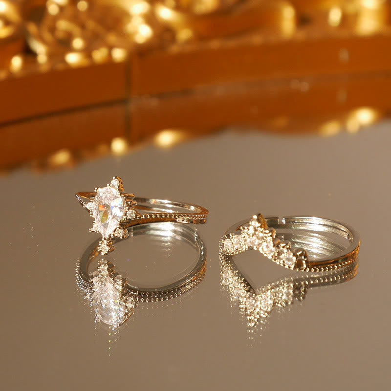 Olivenorma 2 Pcs Crown Moonstone Plated Zircon Engagement Ring Set - Silver - image 3