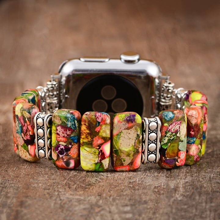 Olivenorma Rectangular Oyster Turquoise Beaded Elastic Cord Apple Watch Strap - Medium: Approx 15cm-suitable for wrists of 6.7-8 inches - Watch Dial Size 42-45mm - image 0