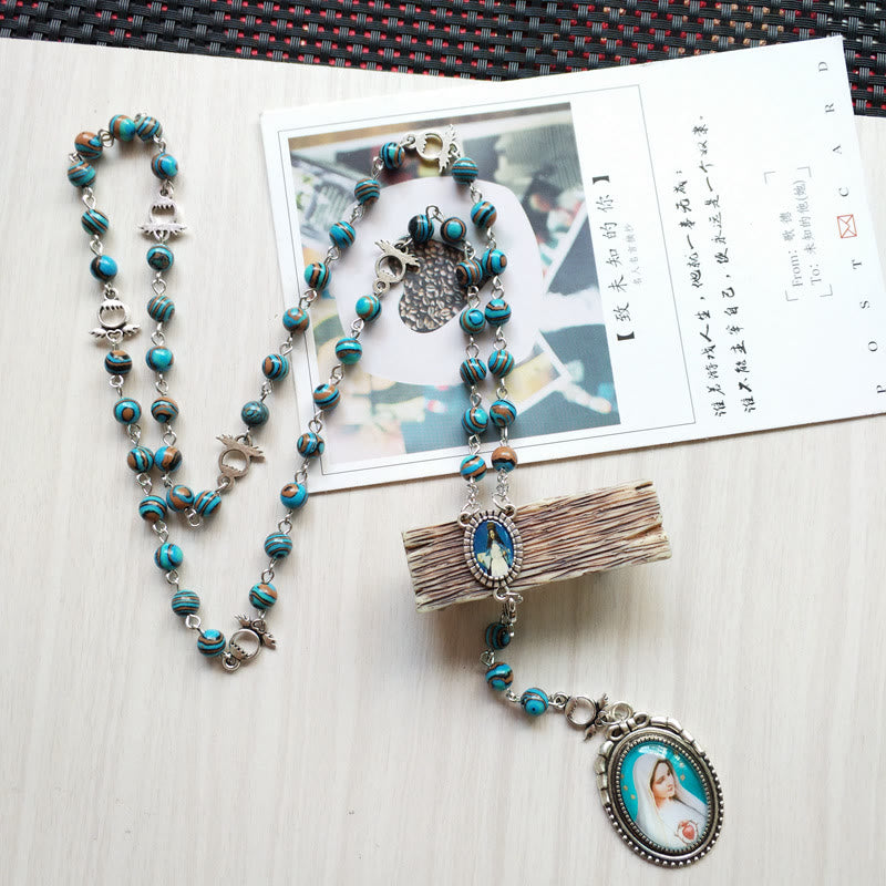Olivenorma Azurite Malachite Lady Holy Medal Pendant Rosary Necklace - image 4