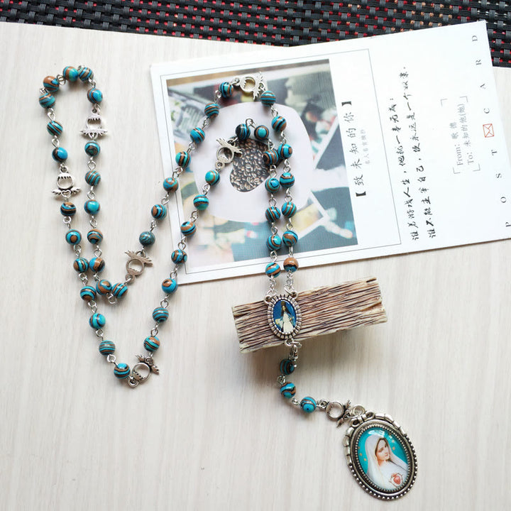 Olivenorma Azurite Malachite Lady Holy Medal Pendant Rosary Necklace - image 4
