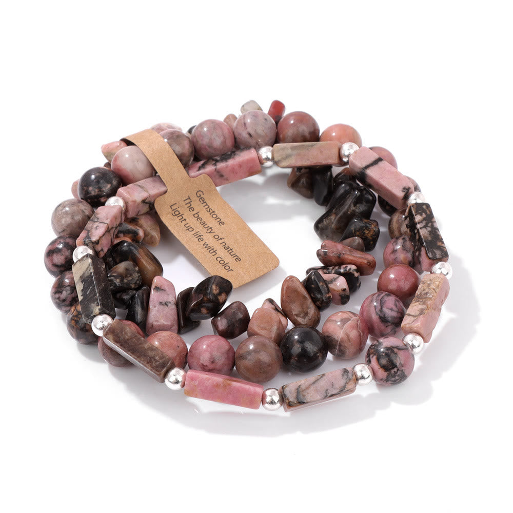 Olivenorma Natural Stone Irregular Three Layer Bracelet Set - Rhodonite - image 10