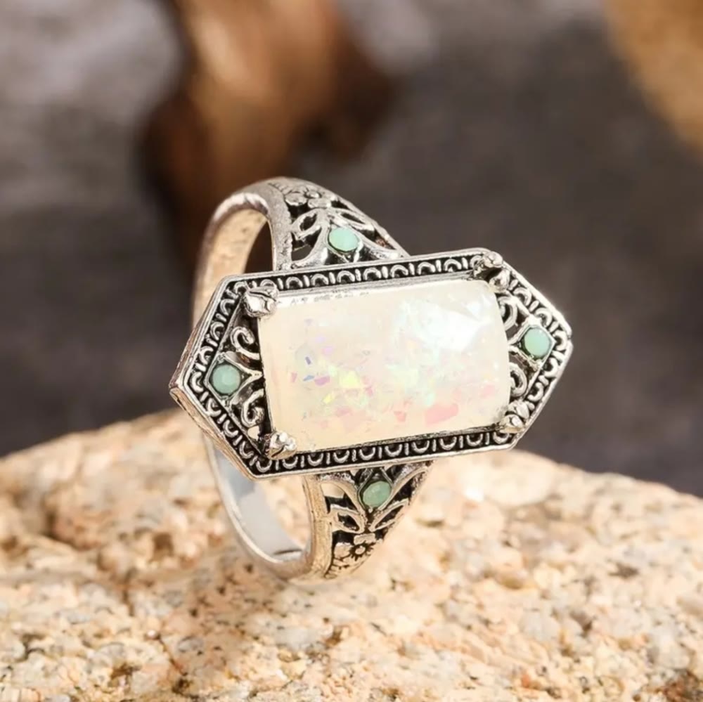 Olivenorma Square White Opal Antique Alloy Ring - image 2