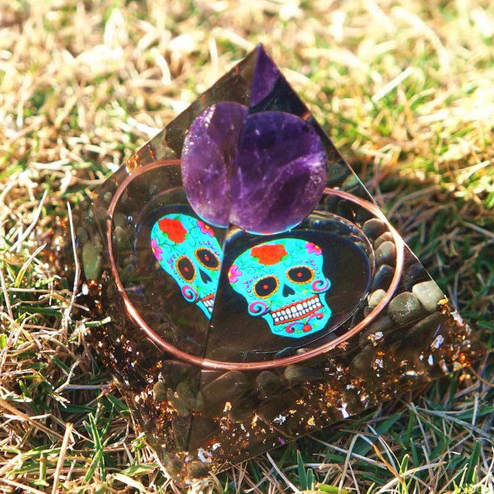 Olivenorma Amethyst&Obsidian Skull Symbol Orgone Pyramid - image 4