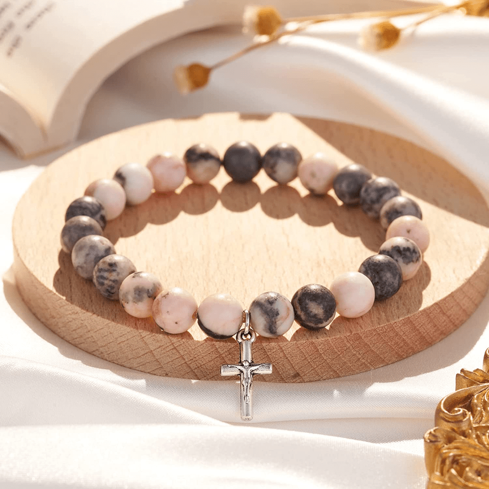Olivenorma Pink Zebra Jasper Rhodonite 8mm Beaded Cross Pendant Bracelet - image 1