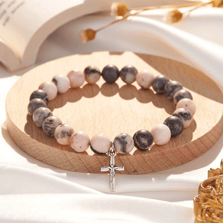 Olivenorma Pink Zebra Jasper Rhodonite 8mm Beaded Cross Pendant Bracelet - image 1