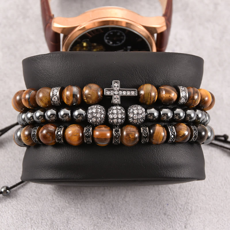 Olivenorma 3Pcs/Set Tiger Eye Stone Beaded Men Cross Bracelet - Black - Tiger Eye - image 3