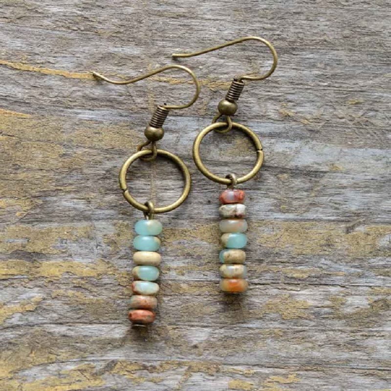 Olivenorma Agalmatolite Bronzite Strawberry Quartz Wheel Beads Earrings - image 1
