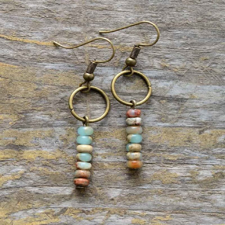Olivenorma Agalmatolite Bronzite Strawberry Quartz Wheel Beads Earrings - image 1