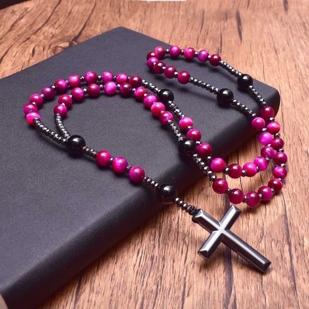 Olivenorma Natural Stone Cross Pandant Rosary Necklace - Pink Tiger Eye&Black Onyx - image 4