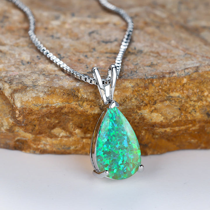 Olivenorma Synthetic Opal Water Drop Pendant Simple Necklace - Green Opal&Silver - image 5