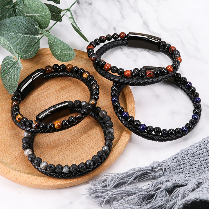Olivenorma Mens Beaded Leather Two Layer Bracelet - image 0