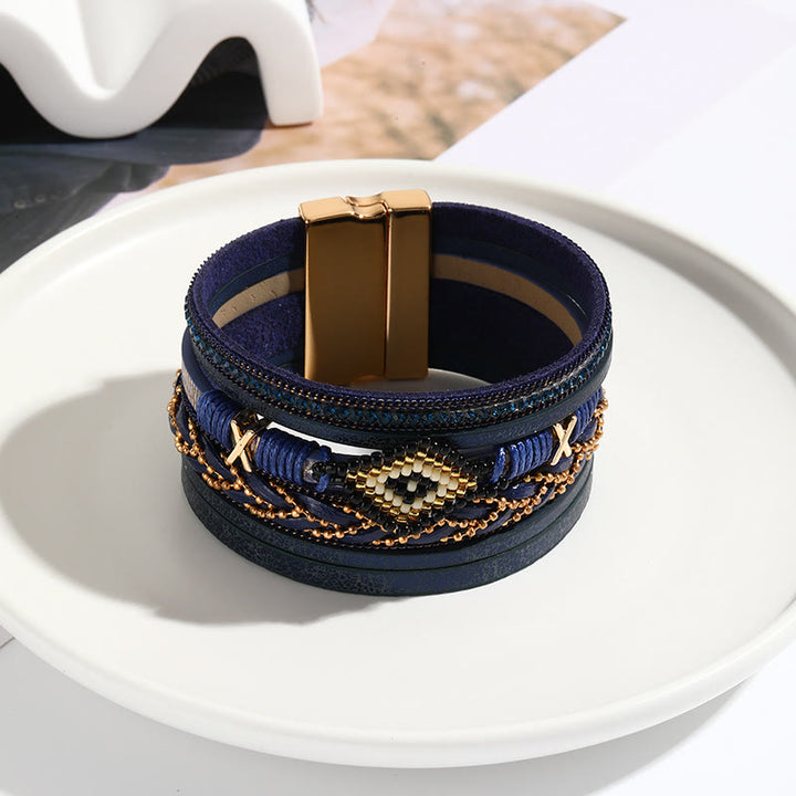Olivenorma Zircon Rice Beads Woven Evil Eye Metal Wide Bracelet - Navy Blue&Evil Eye - image 3