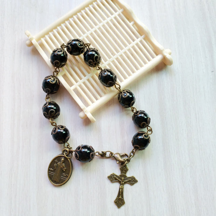 Olivenorma Obsidian Holy Medal Cross Pendant Rosary Bracelet - image 2