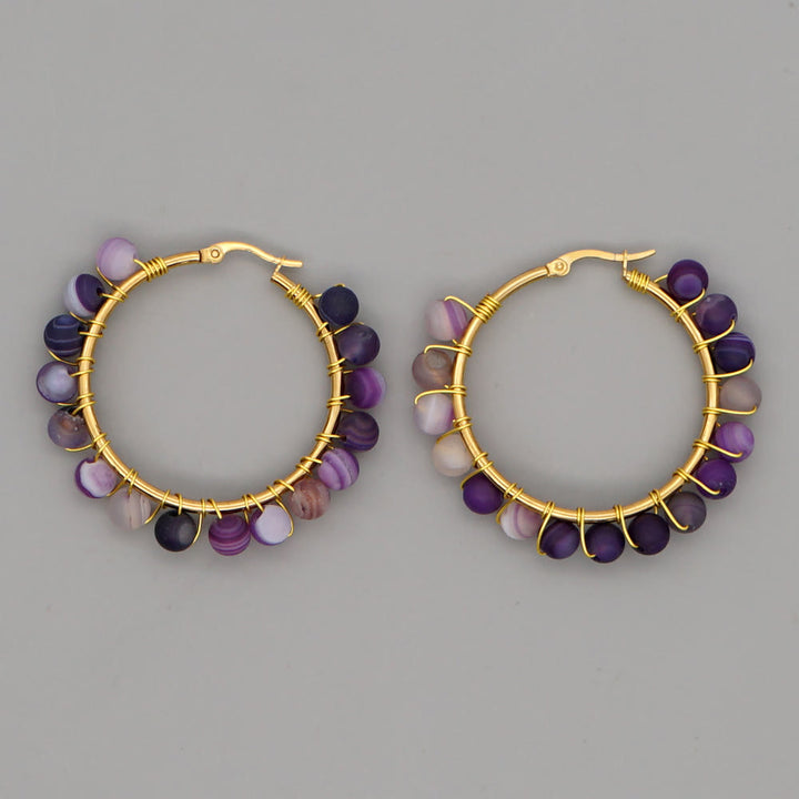 Olivenorma Boho Natural Crystal Beads Large Hoop Earrings - Purple Malachite - image 9