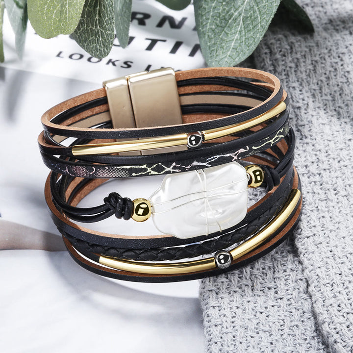 Olivenorma Natural Freshwater Pearl Braided Leather Bracelet - Black - image 0