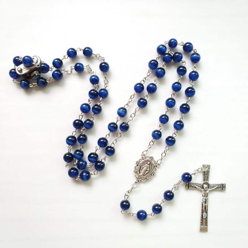 Olivenorma Blue Cat's Eye 8mm Stone Cross Rosary Necklace - image 1