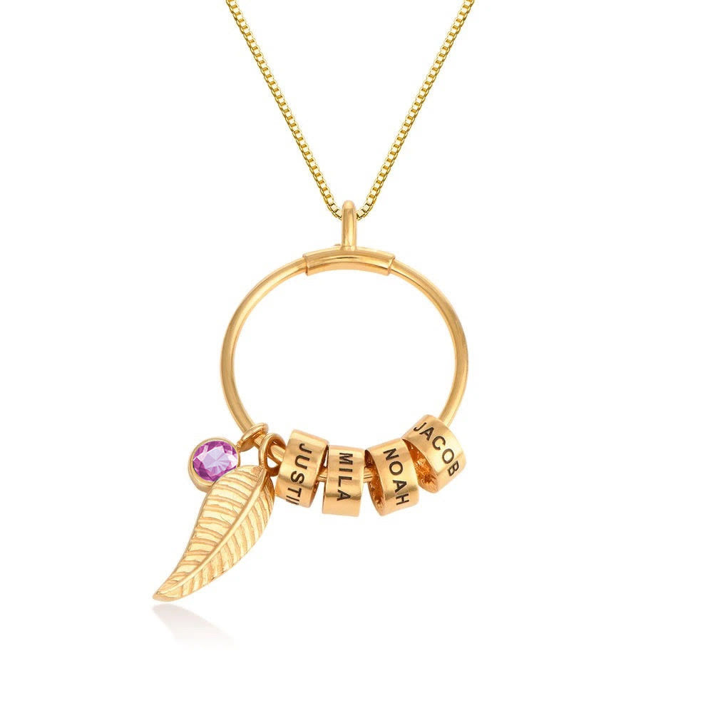 Olivenorma Custom Family Birthstone Leaf Beaded Engraved Necklace - Gold - December-Blue Zircon - 6th Engraving - image 0