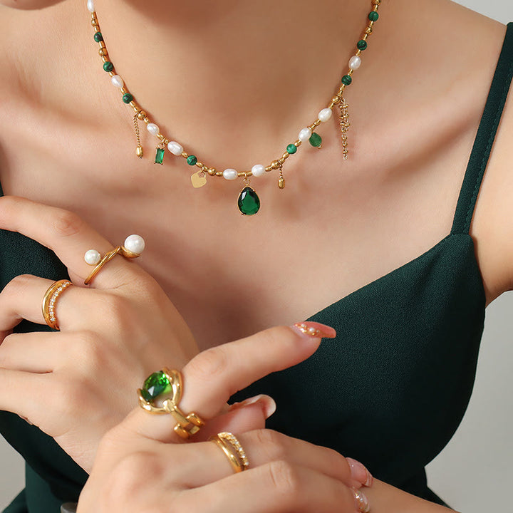 Olivenorma Emerald Pearl Beaded Non Fading Gold Necklace - image 3