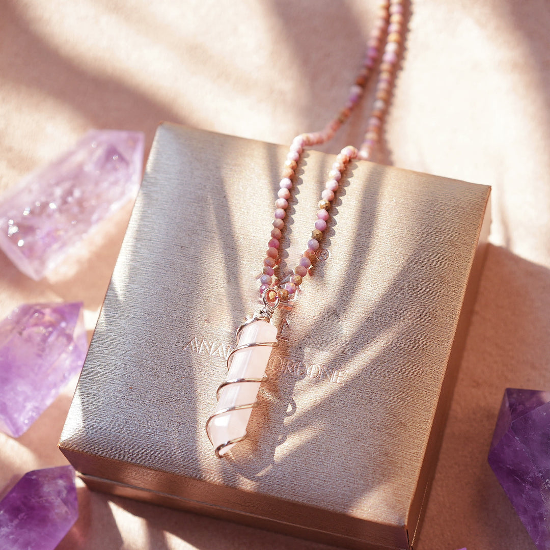 Olivenorma Natural Rough Stone Crystal Column Pendulum Necklace - Rose Quartz&Rhodonite - image 8