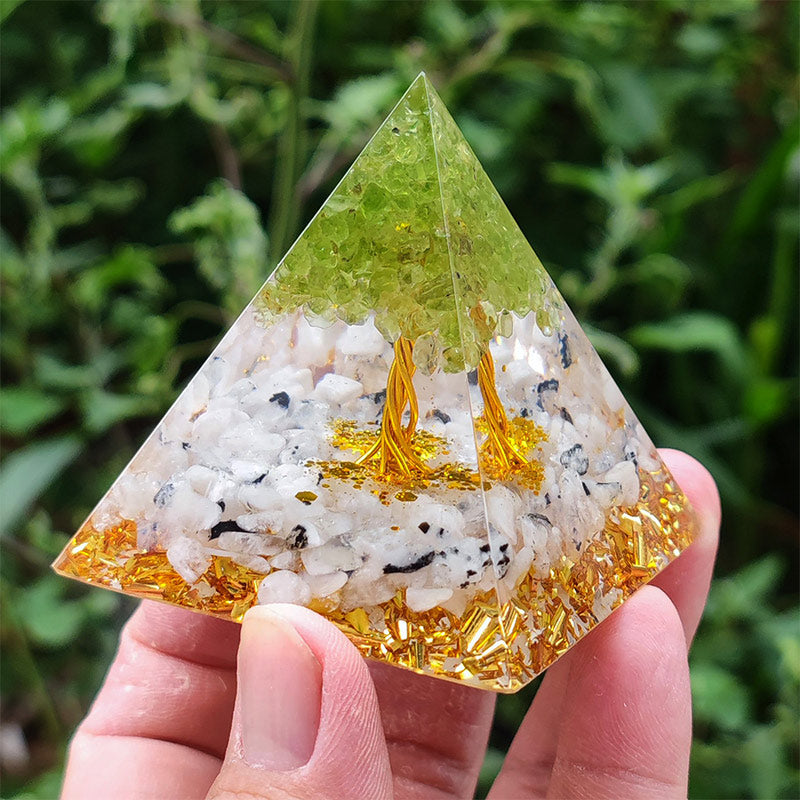 Olivenorma Moonstone with Peridot Tree Of Life Orgone Pyramid - image 3