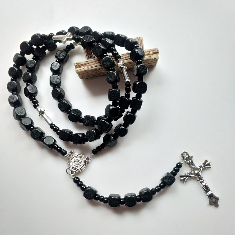 Olivenorma Black Square Wooden Cross Rosary Necklace - image 2