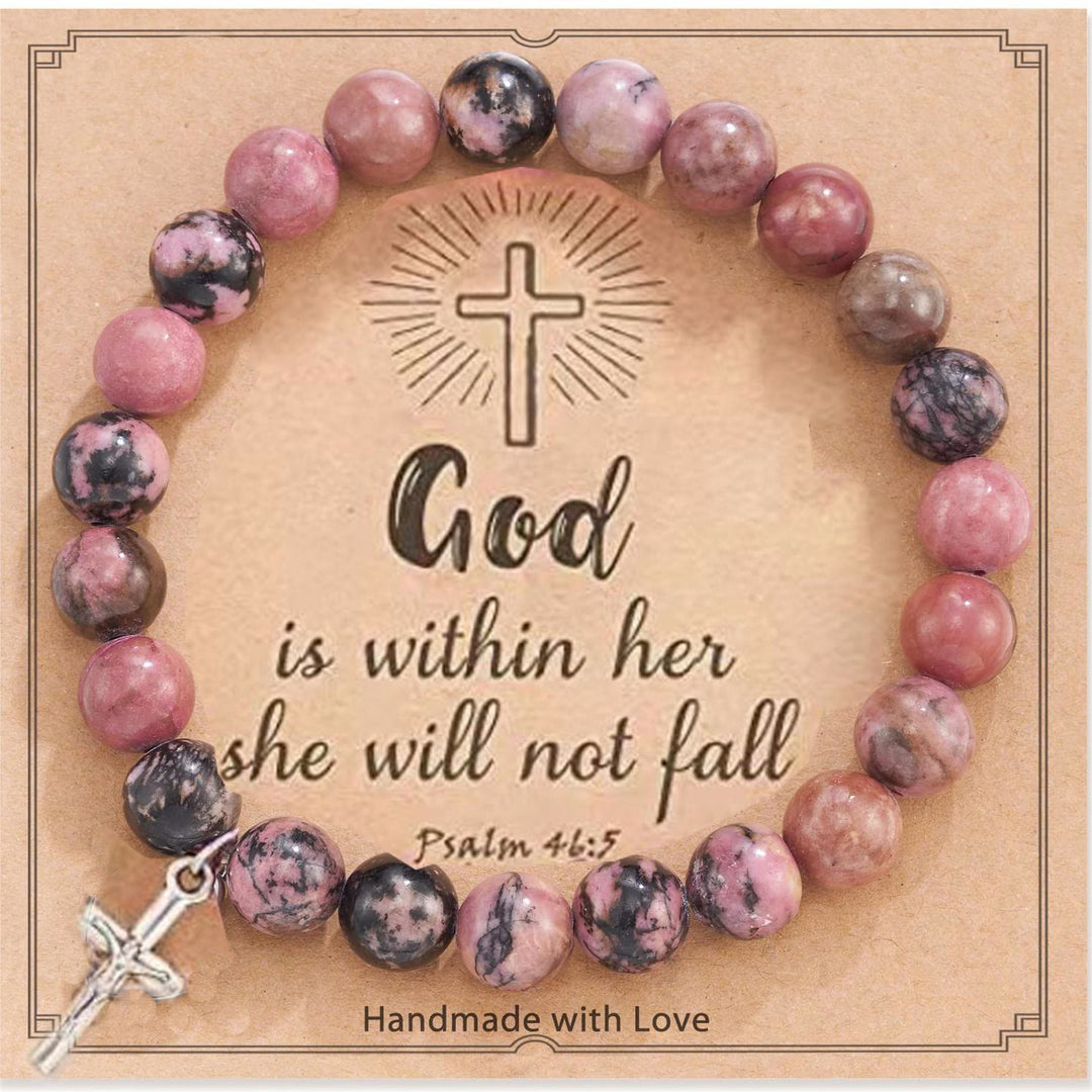 Olivenorma Pink Zebra Jasper Rhodonite 8mm Beaded Cross Pendant Bracelet - Rhodonite - image 4