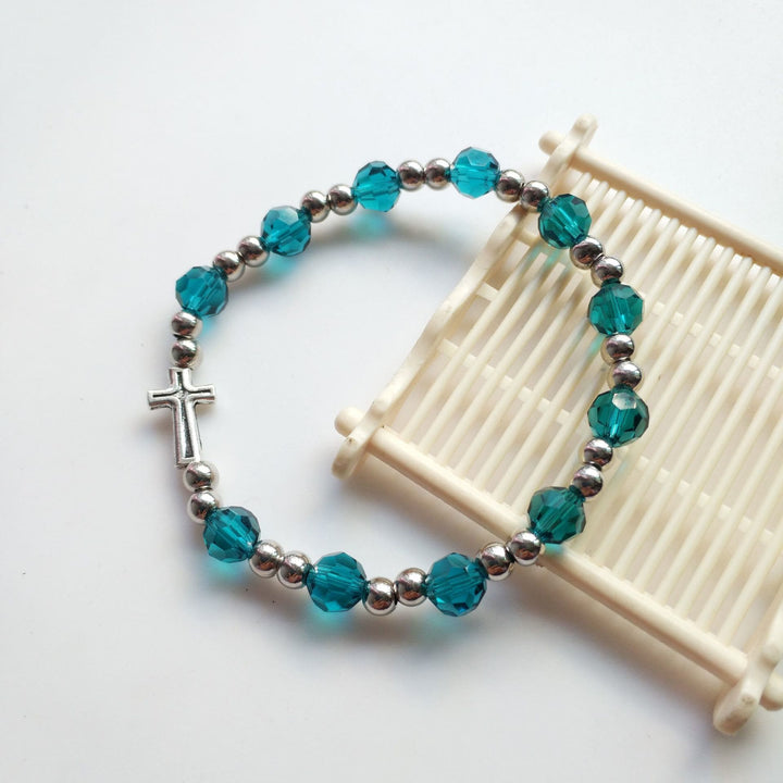 Olivenorma Acrylic Crystal Stretch Wire Alloy Christianity Cross Bracelet - Cross & Blue Acrylic Beads - image 1