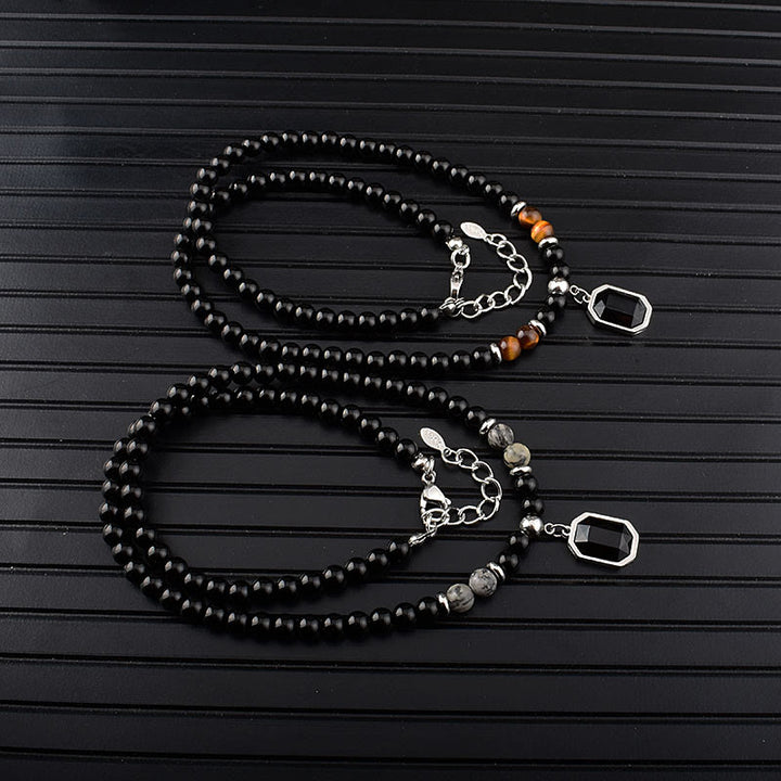 Olivenorma Tiger Eye Obsidian Beaded Men Titanium Steel Necklace - image 11