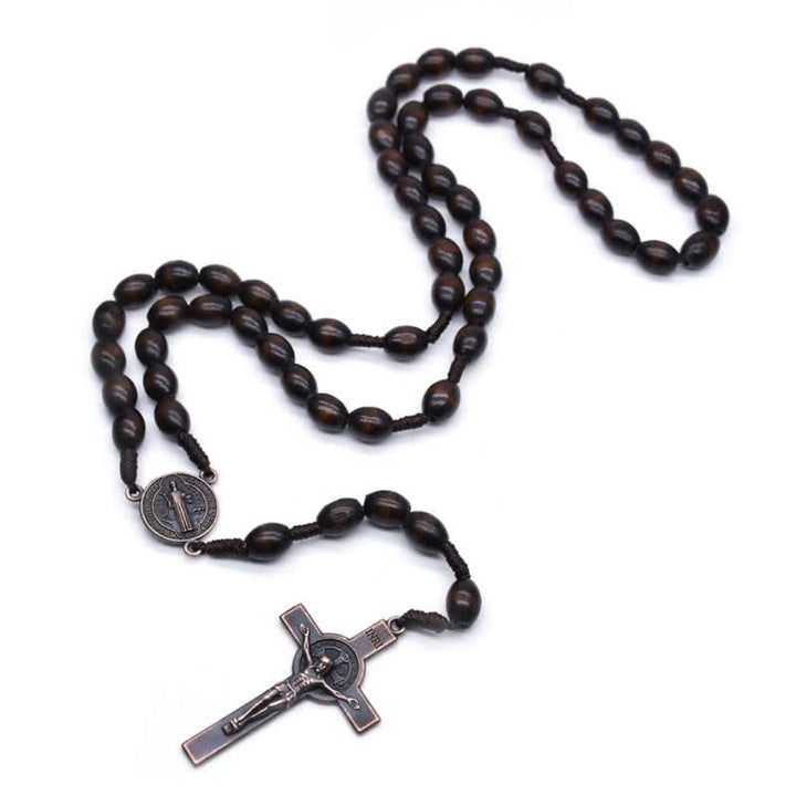 Olivenorma Knitted Vintage Cross Wood Rosary Necklace - Dark Brown - image 0