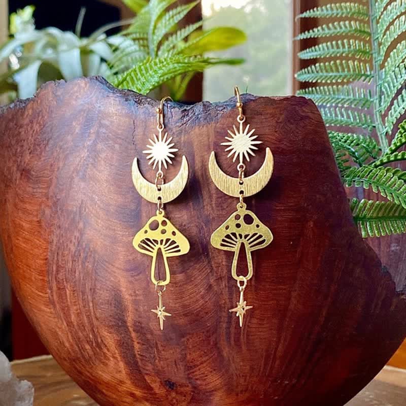 Olivenorma Bohemia Gold Mushroom Moon Star Earrings - Mushroom - image 0