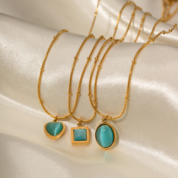 Olivenorma Blue Cat's Eye Stone Heart Square Pendant Necklace - image 13