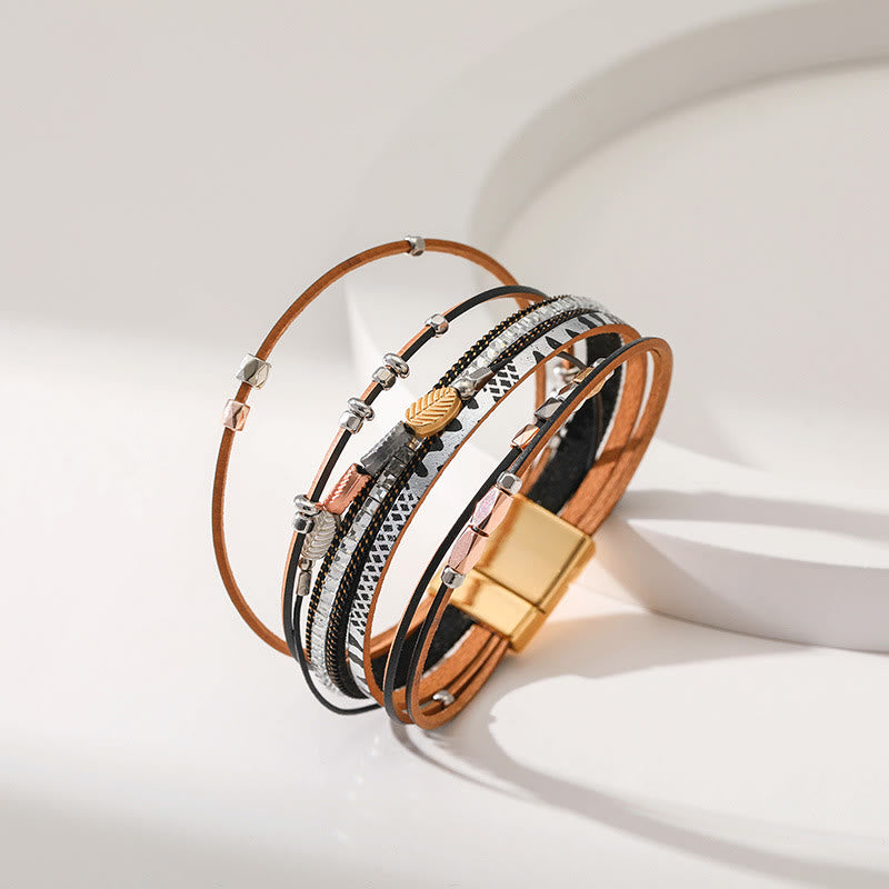 Olivenorma Hematite White Zircon Leaf Tiered Leather Bracelet - image 12