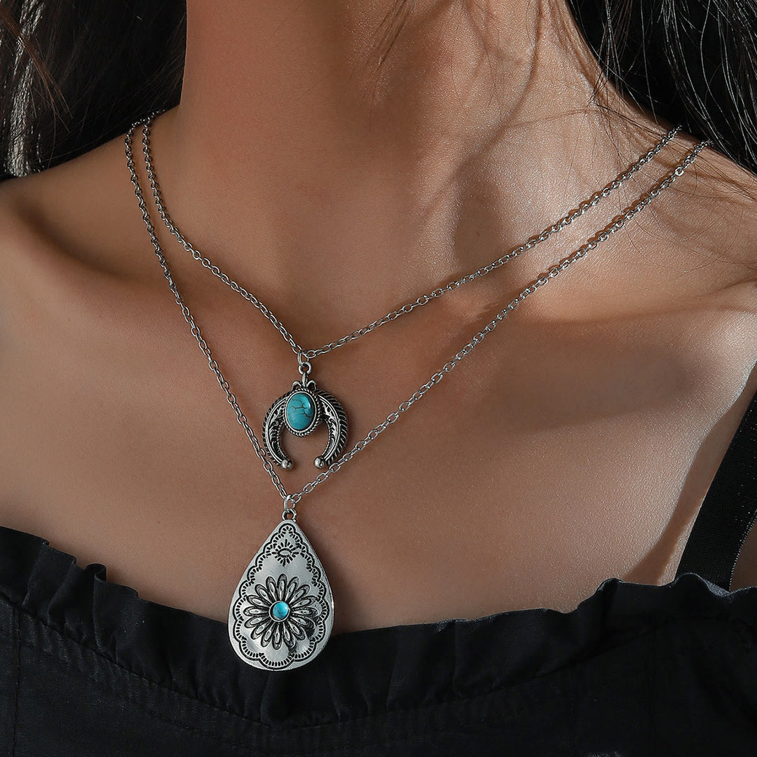 Olivenorma Turquoise Drop Carved Double Layer Pendant Necklace - Turquoise - image 0