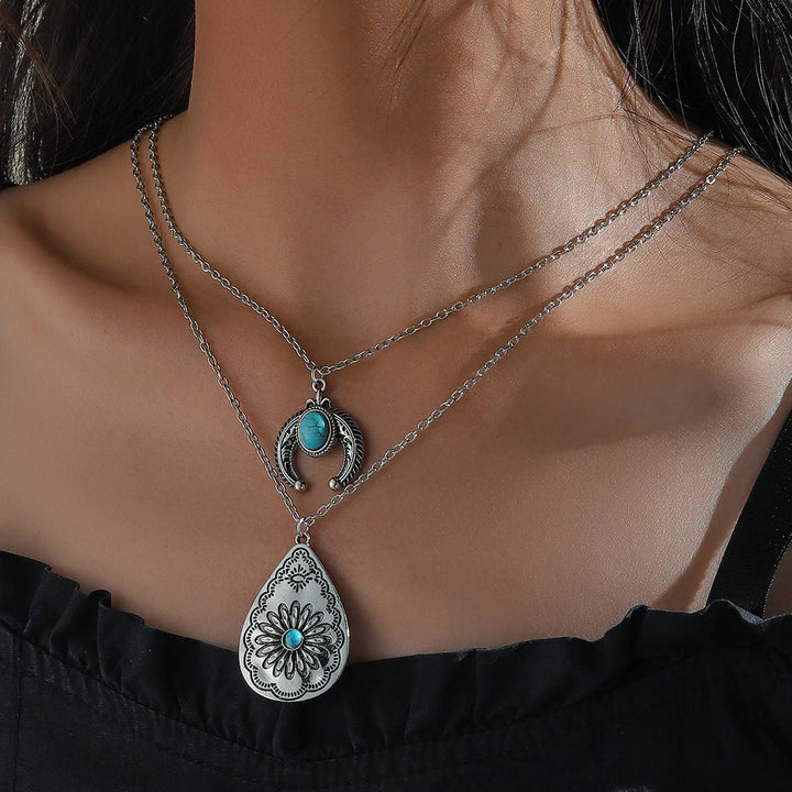 Olivenorma Turquoise Drop Carved Double Layer Pendant Necklace - Turquoise - image 0