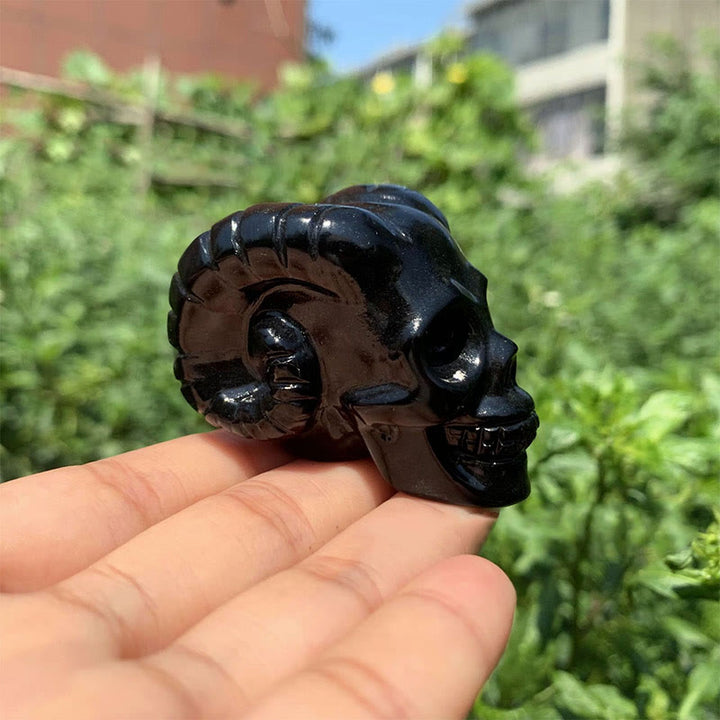 Olivenorma 40mm Obsidian Gemstone Decoration Horned Crystal Skull - Obsidian - image 0