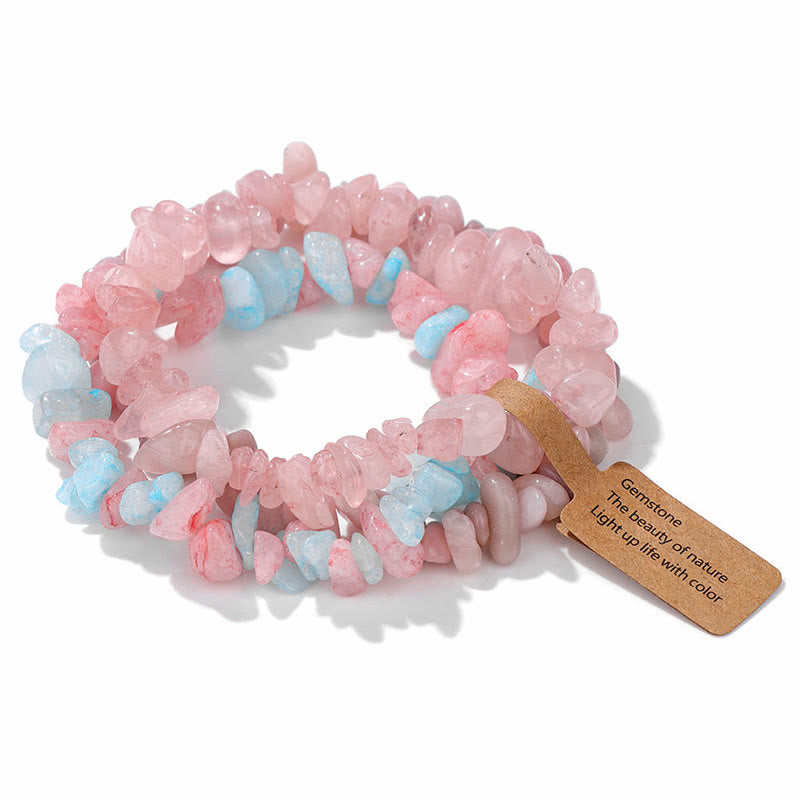 Olivenorma Natural Irregular Crystal Gravel Three Layer Bracelet - Strawberry Quartz&Aquamarine - image 13