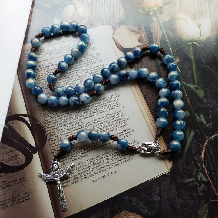Olivenorma Blue Cat's Eye Stone Jesus Cross Rosary Necklace - image 6