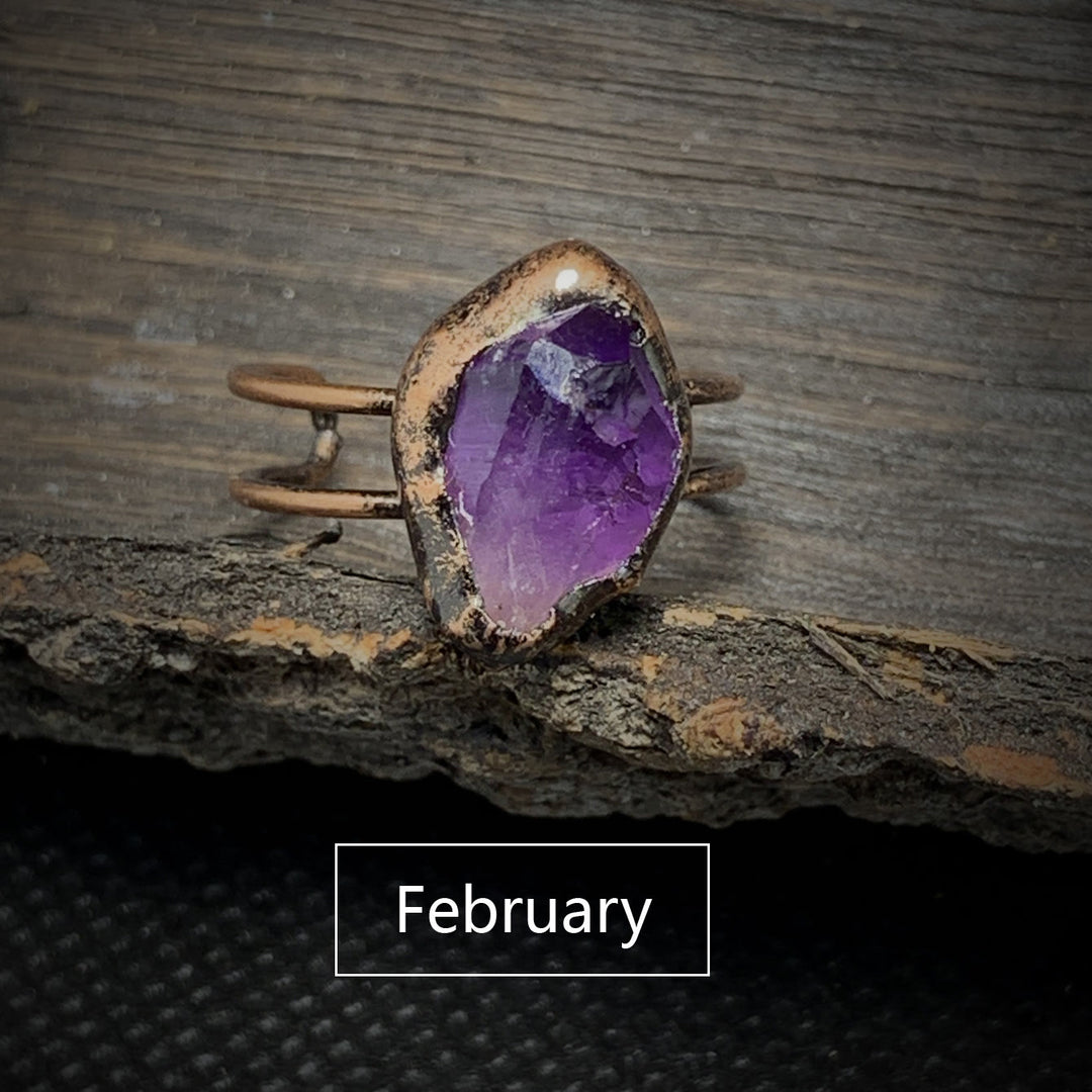 Olivenorma Natural Irregular Raw Stone Twelve Birthstone Adjustable Ring - February&Amethyst - image 8