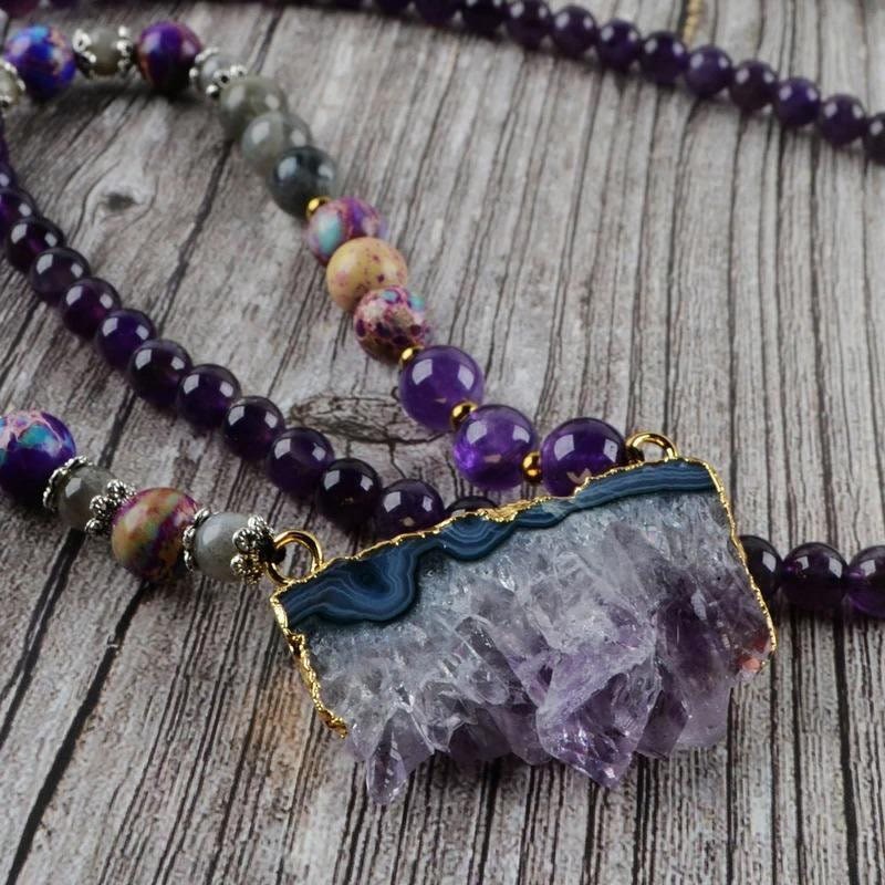 Olivenorma Rainbow Fluorite Amethyst Emperor Labradorite Mala Beaded Necklace - image 4
